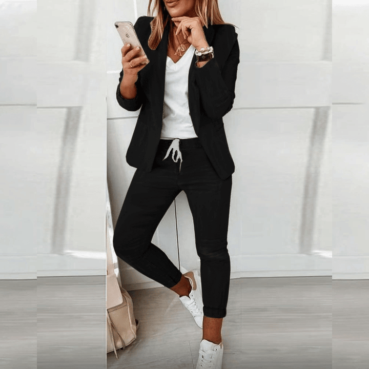 Blue flowing women's stylish outfit. Elegant two-piece comfort set in premium fabric for ladies.