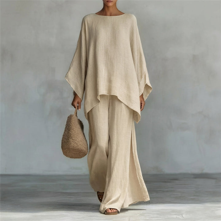 Chic casual women's two-piece set: oversized tunic and maxi skirt. Perfect versatile outfit for resort or vacation.