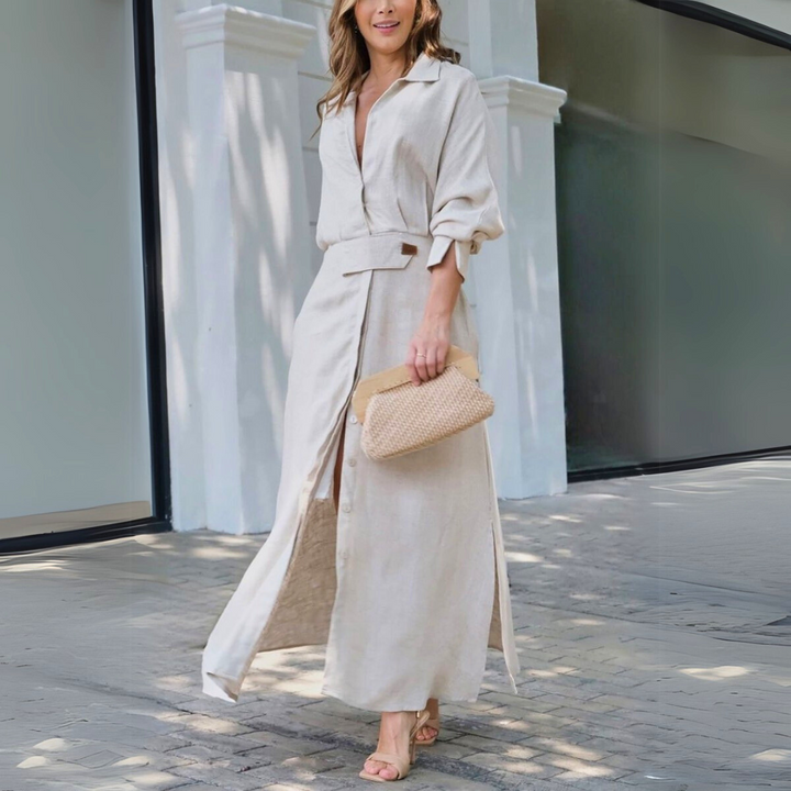 Women's flowing V-neck maxi dress, elegant summer style. Perfect for vacation, beach, or casual chic outings.