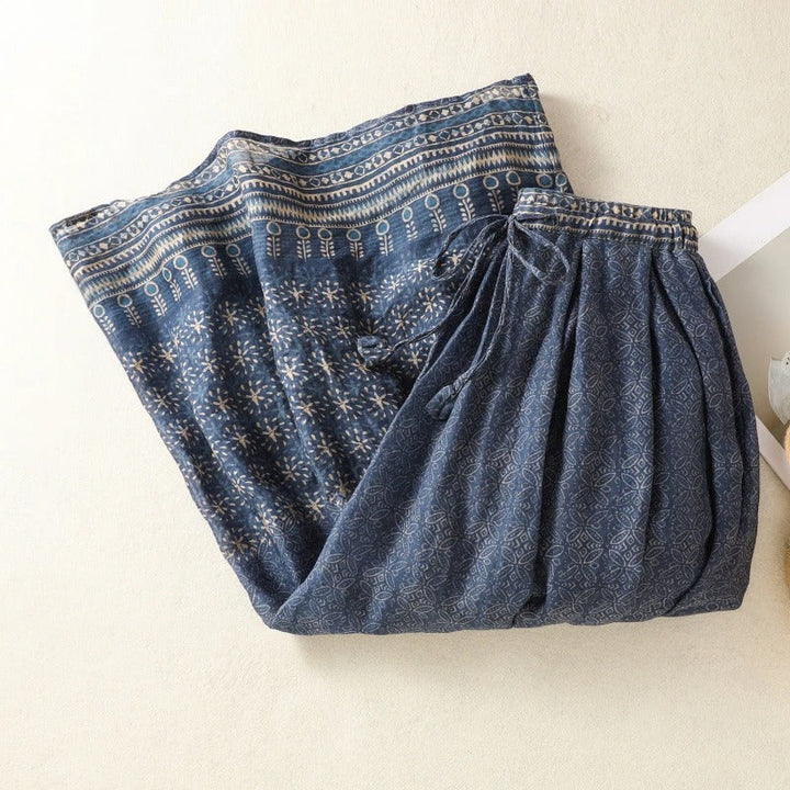 Casual women's printed A-line skirt with a relaxed fit, flowy fabric, and adjustable drawstring for comfort.
