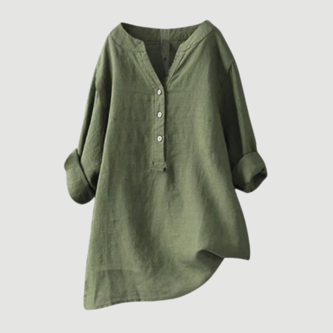Stylish women's V-neck button-up blouse, loose fit & breathable for effortless everyday wear.