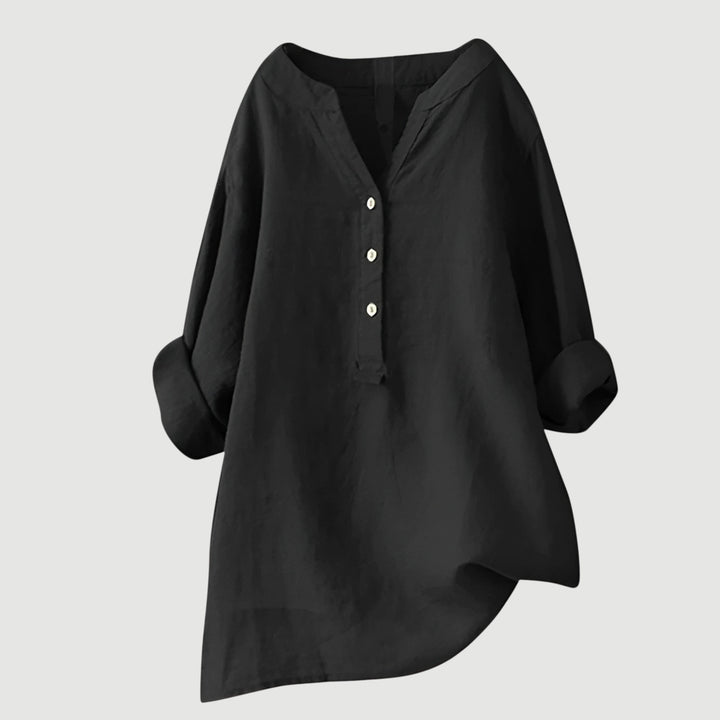 Breathable women's loose fit top, a flowy V-neck blouse for comfortable spring and summer style.
