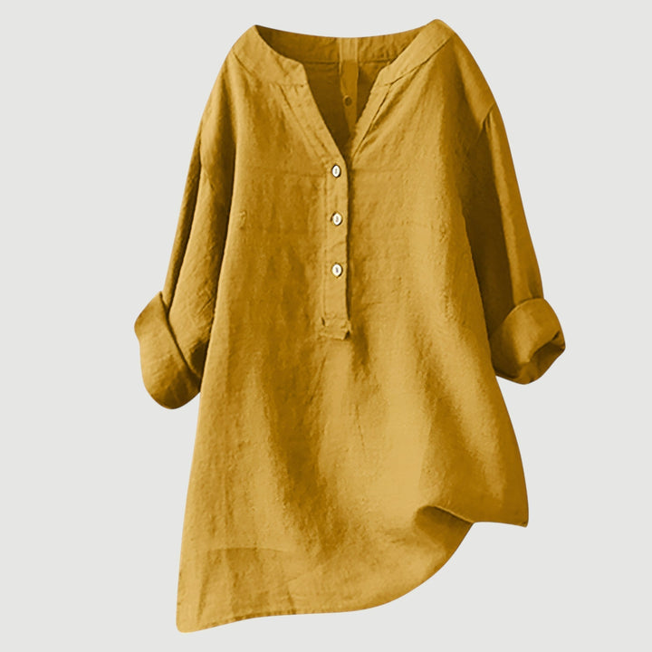 Women's button-up V-neck flowy blouse, relaxed fit & breathable for spring & summer style.