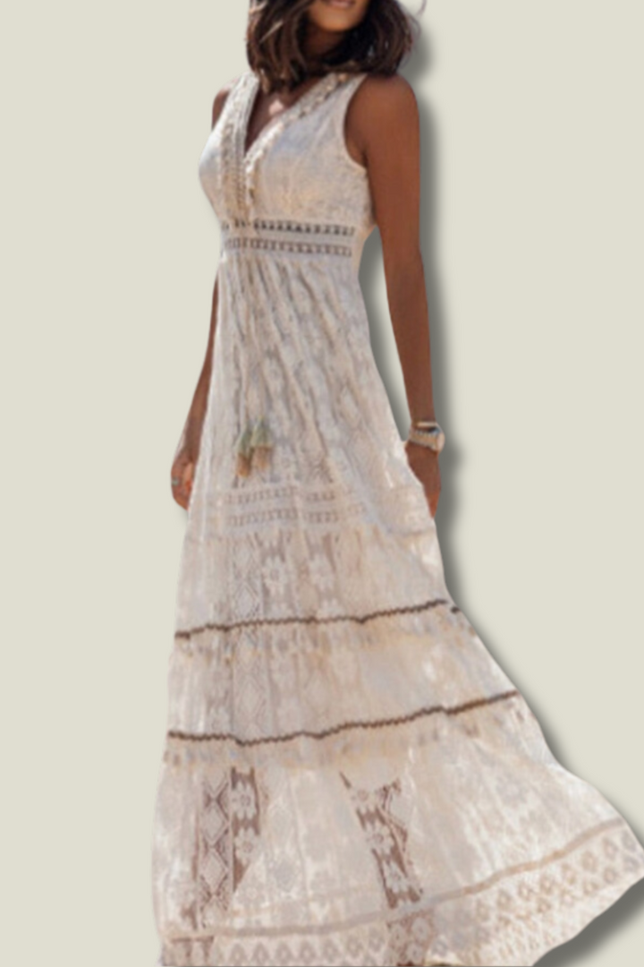 Beautiful Women's Bohemian Flowy Maxi Dress with a flattering V-neck, perfect for a chic summer look.