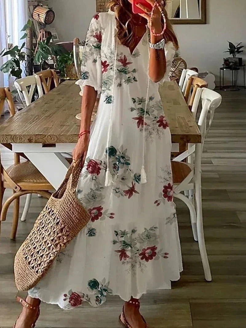 Boho women's patterned maxi dress, a chic and effortless long dress for summer beach or resort wear.