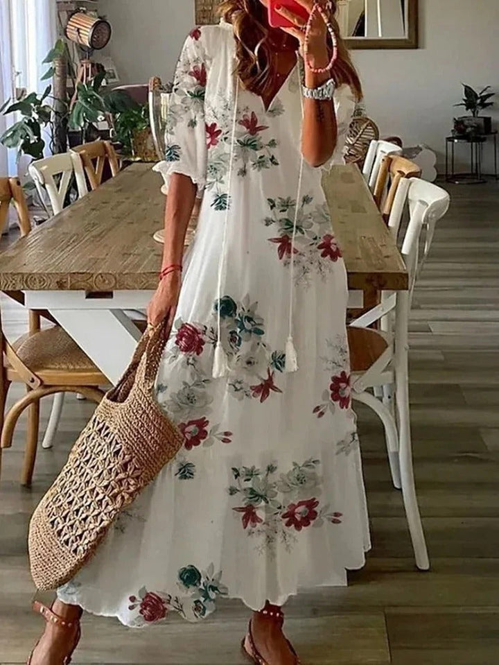 Boho women's patterned maxi dress, a chic and effortless long dress for summer beach or resort wear.