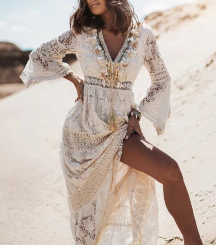 Women's flowy boho maxi dress with V-neck, perfect for effortless summer style & beachwear.