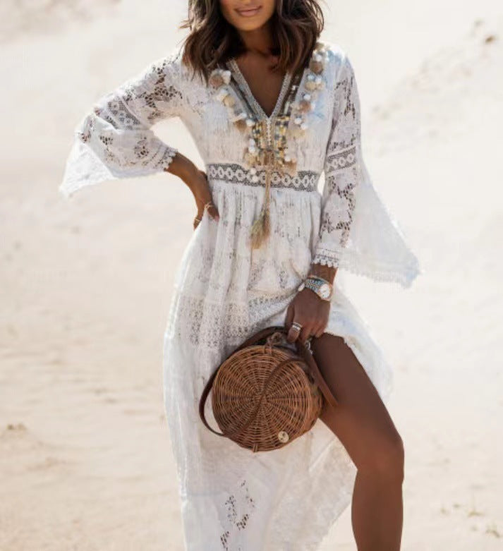 Stylish women's summer maxi dress, ideal for vacation, festival fashion, or a casual bohemian look.