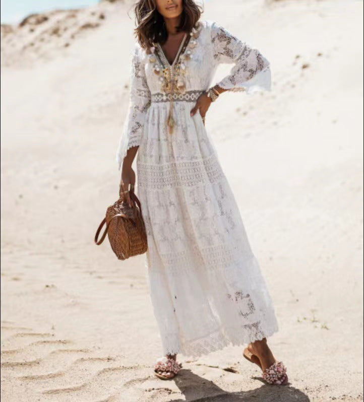 Effortless women's boho maxi dress, a comfortable & trendy choice for beach, summer outings, or festivals.