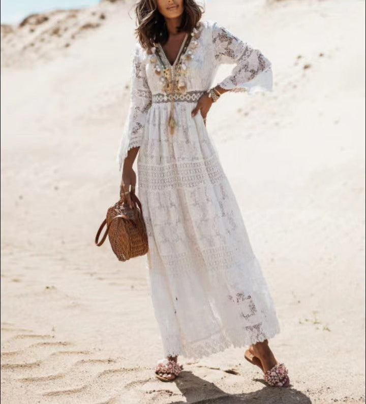Effortless women's boho maxi dress, a comfortable & trendy choice for beach, summer outings, or festivals.