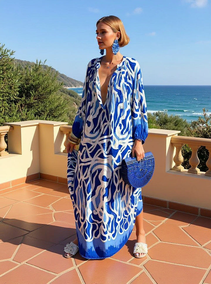 Lightweight women's flowy boho print maxi dress. Comfortable long summer dress, perfect for warm weather & style.