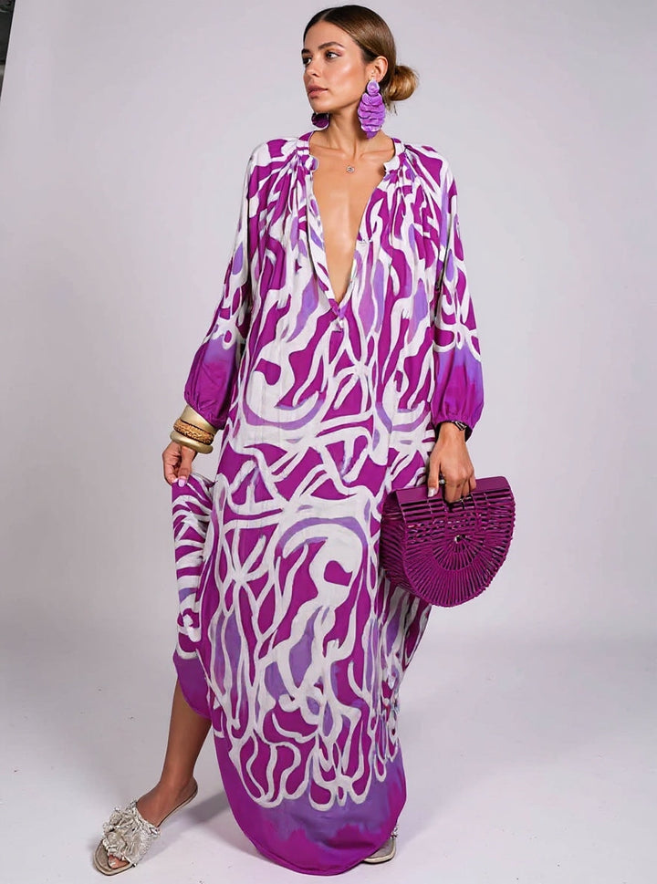 Women's comfortable flowy boho print maxi dress, ideal for summer vacation, beach, or casual elegant outings.
