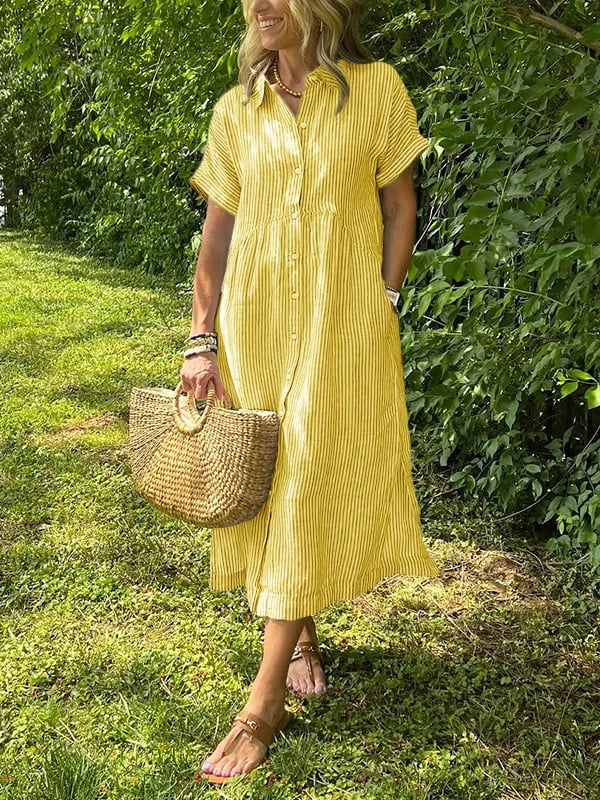 Elegant long flowy button-through maxi shirt dress, versatile for day or evening.