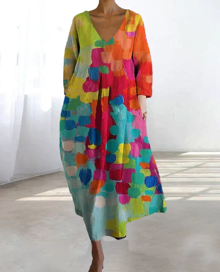 Stylish A-line V-neck dress for women, colorful and flowy with an eye-catching print. Perfect casual summer fashion.
