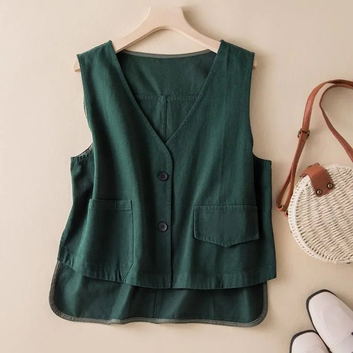 Brown women's flowy cotton blend vest. Soft, comfortable layering top with a modern sleeveless design.