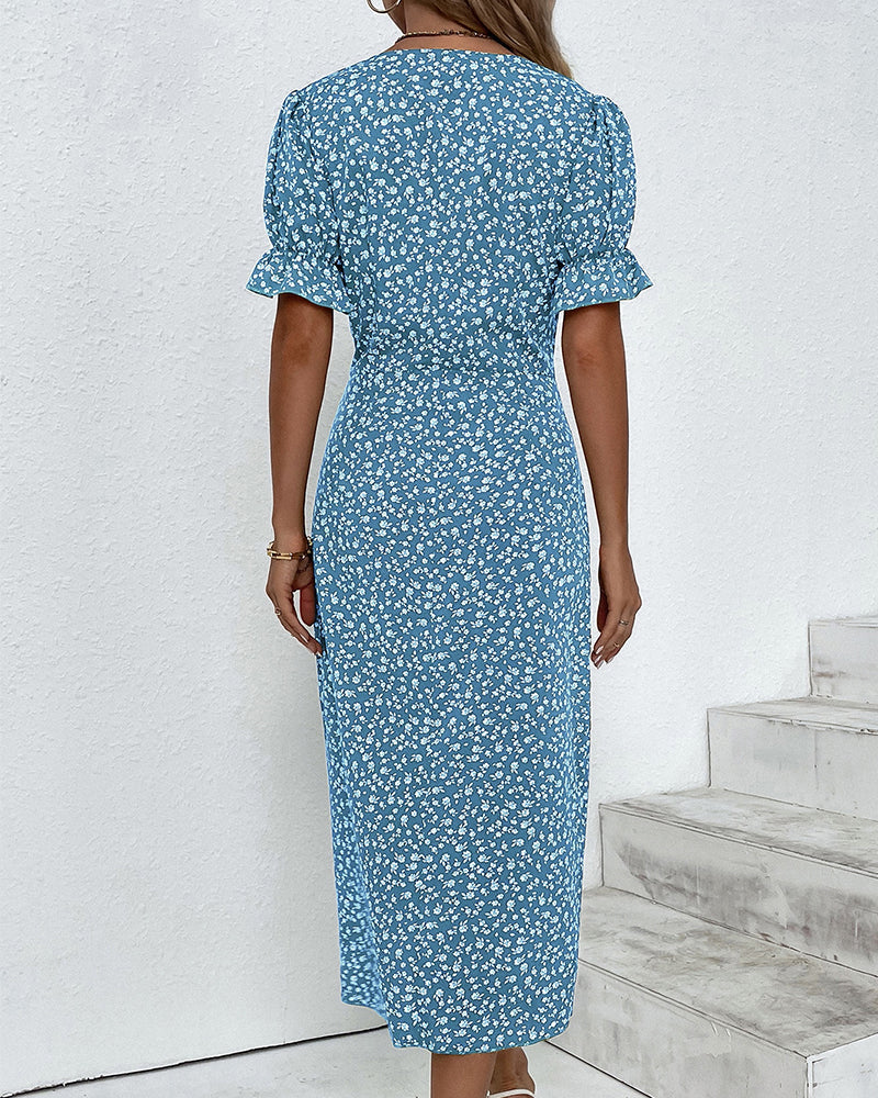 Full-length view of a women's flowy floral V-neck maxi dress, ideal for summer comfort.