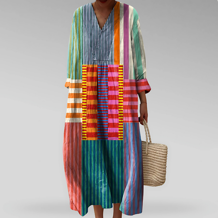 Women's flowy geometric print long sleeve maxi dress with V-neck, perfect for casual, boho, or vacation wear.