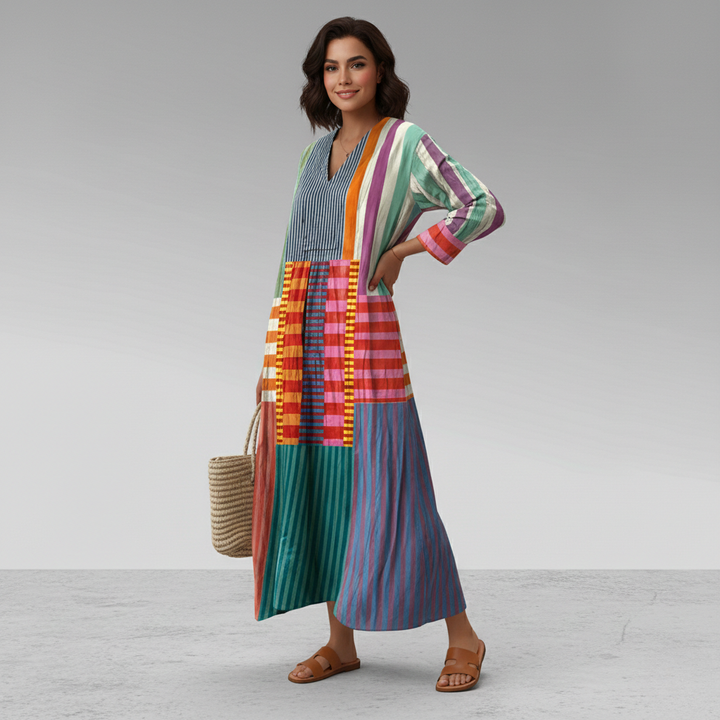 Elegant women's geometric print long sleeve maxi dress. Flowy caftan style, V-neck, ideal for summer or beach vacations.