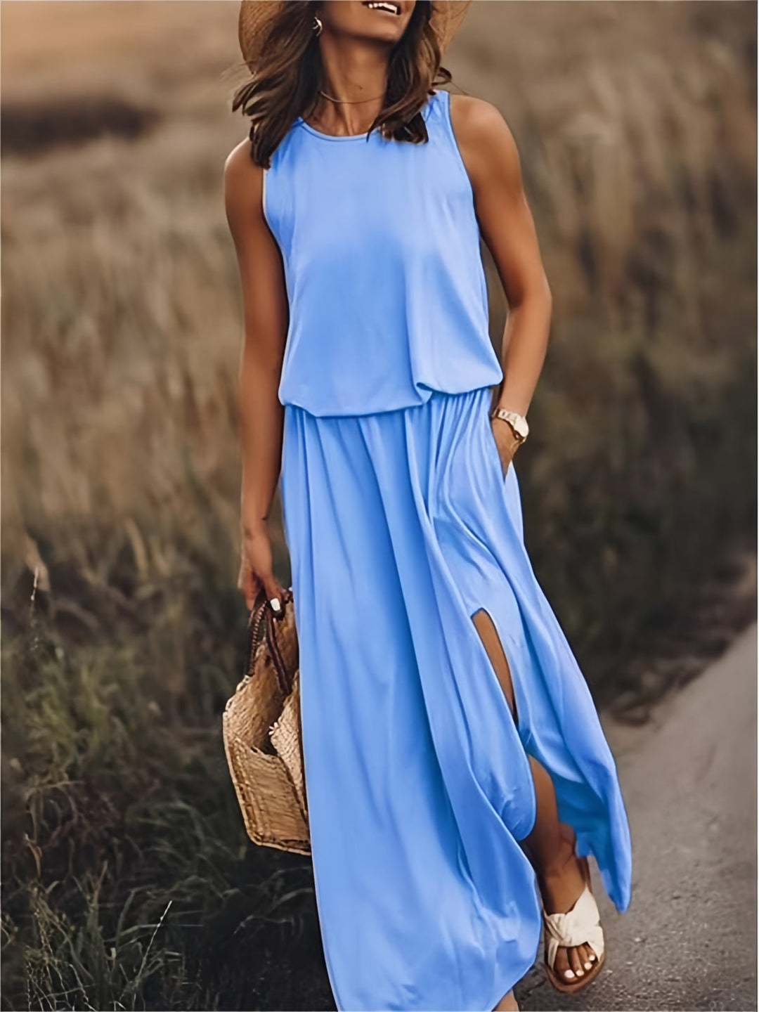 Elegant women's sleeveless maxi dress, a comfortable flowy summer dress with practical pockets.