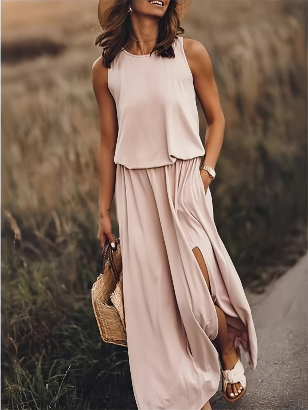 Comfortable long maxi dress for women featuring a stylish elastic waist and convenient side pockets.