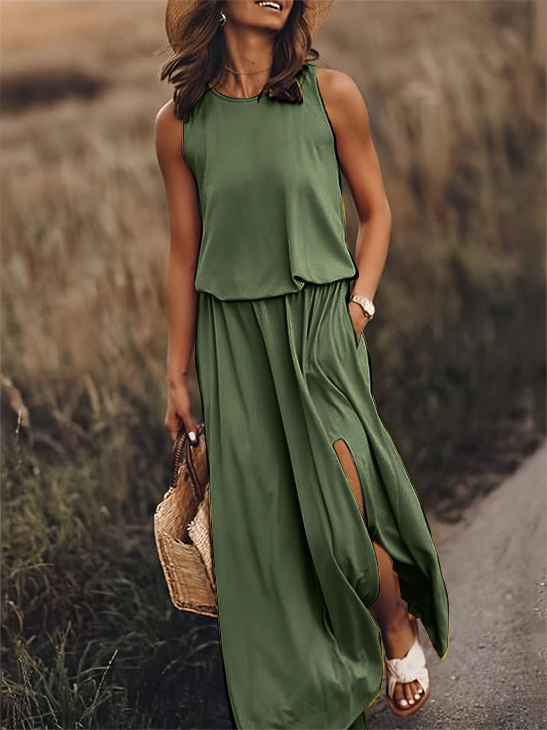 Comfortable women's vacation maxi dress, a relaxed flowy fit with an elastic waist and handy pockets.