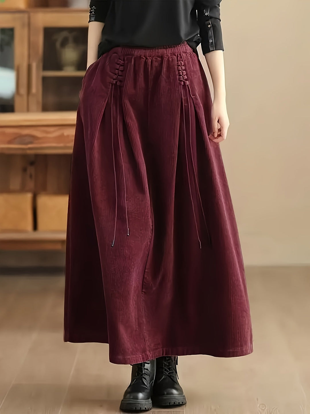Comfortable stretch flowy maxi skirt for women, featuring a stylish corset-style waist.