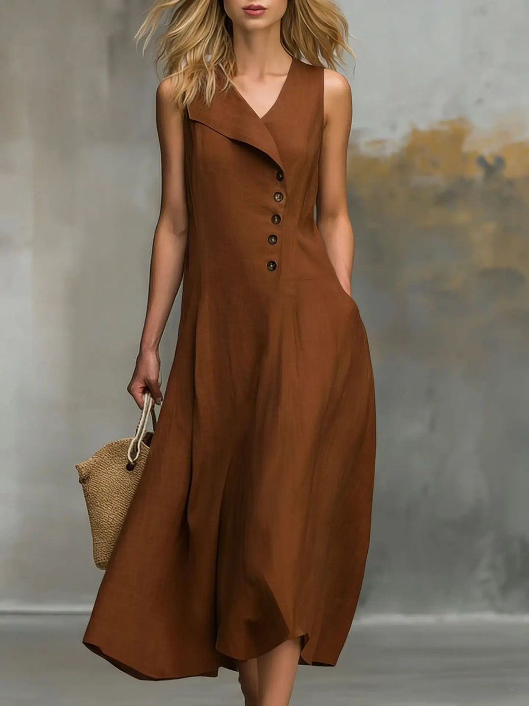 Versatile women's flowy midi dress, V-neck with button accents, offering elegant comfort for everyday wear.