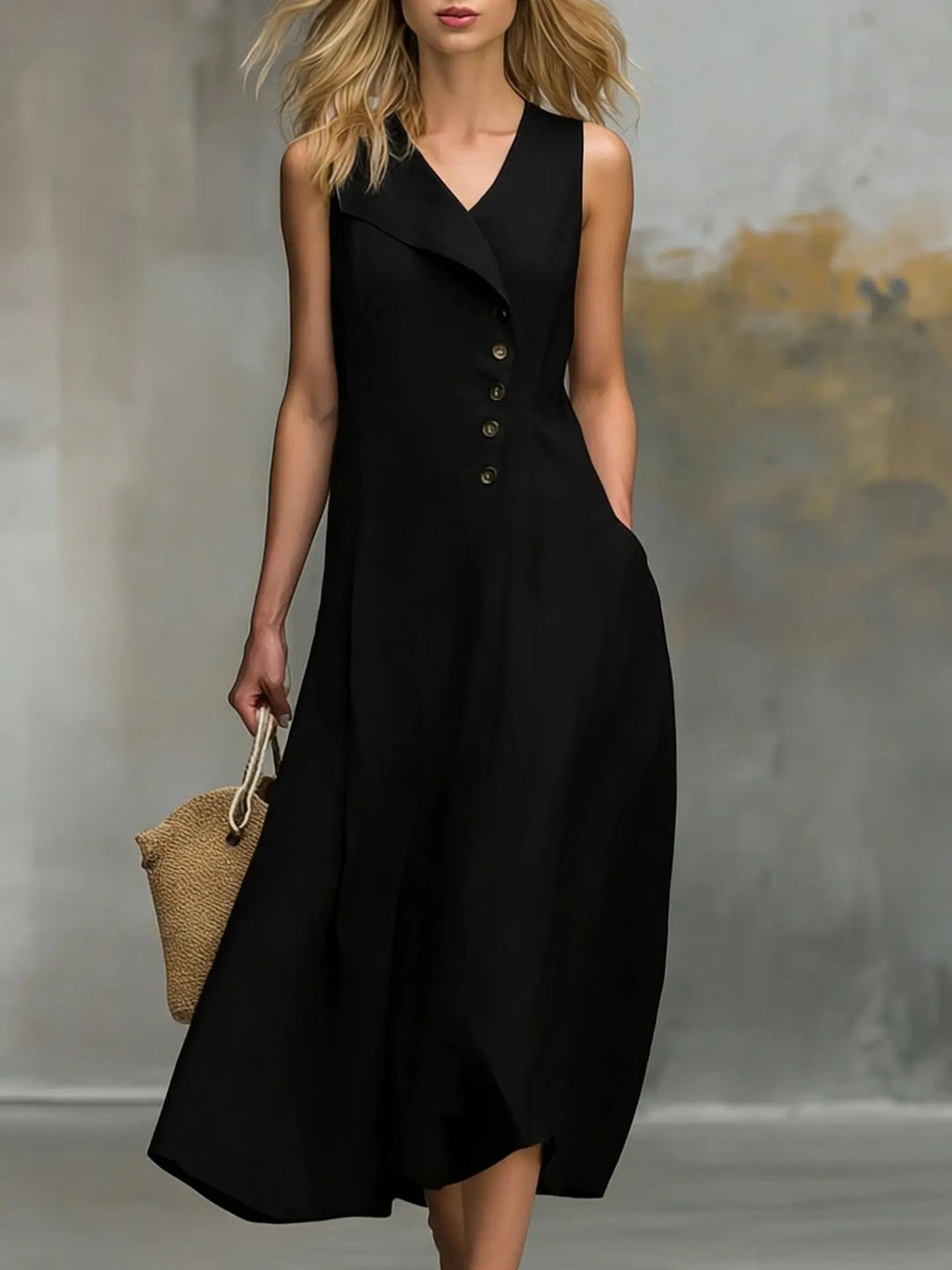 Casual women's button-detail flowy midi dress for spring & summer. Relaxed fit, V-neck, elegant everyday style.