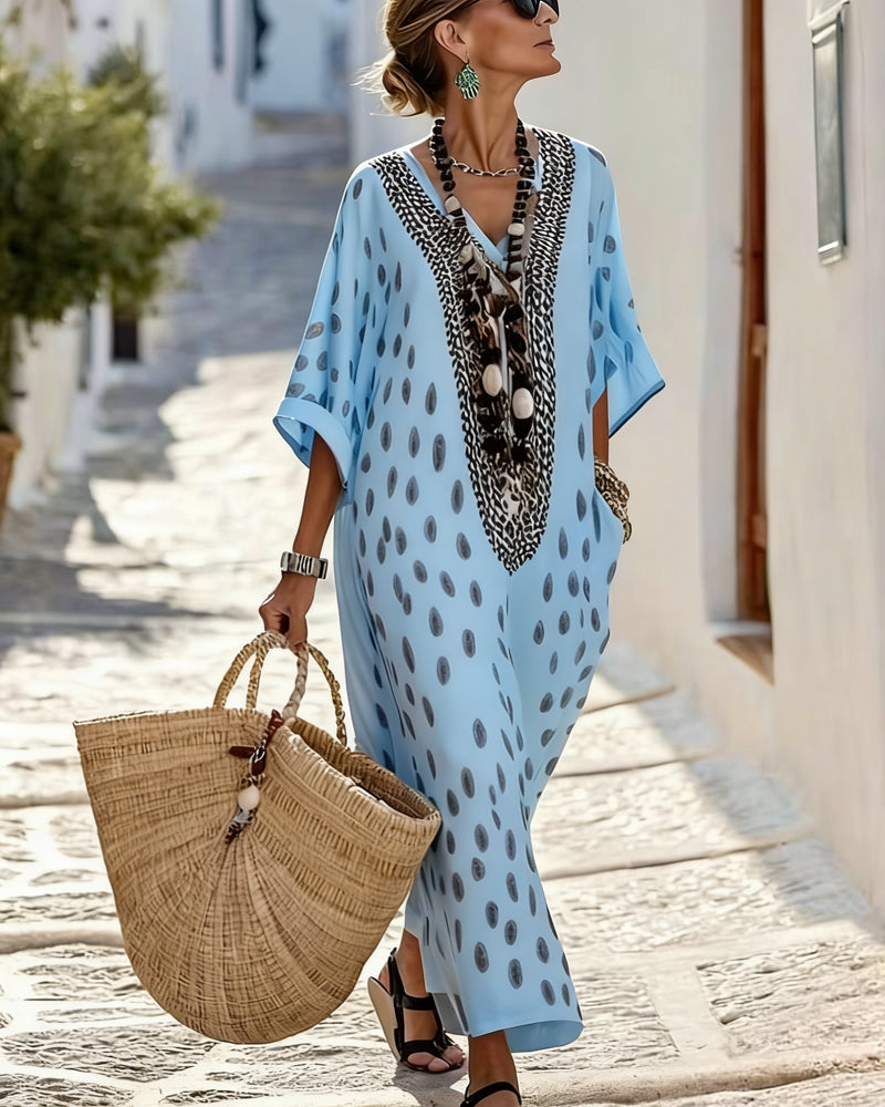 Boho women's relaxed fit flowy polka dot maxi dress with elegant embroidery, ideal casual summer wear.