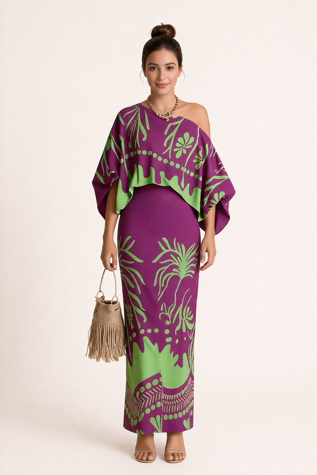Women's flowy printed blouse and maxi skirt co-ord set, perfect for summer vacations & casual elegance.