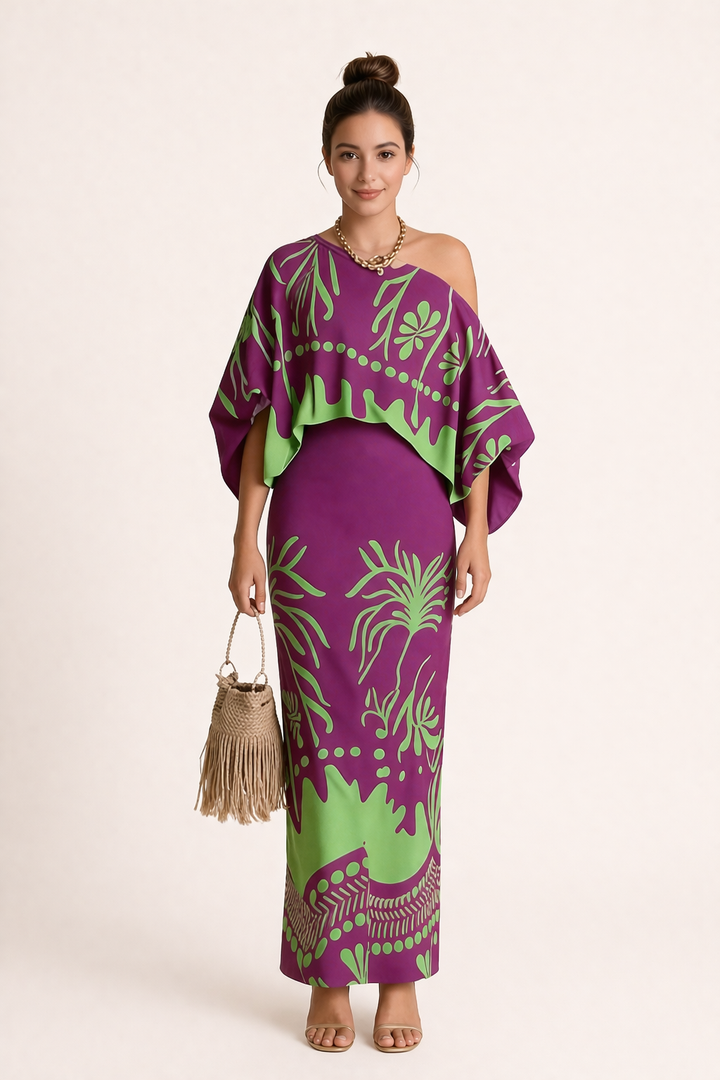 Women's flowy printed blouse and maxi skirt co-ord set, perfect for summer vacations & casual elegance.