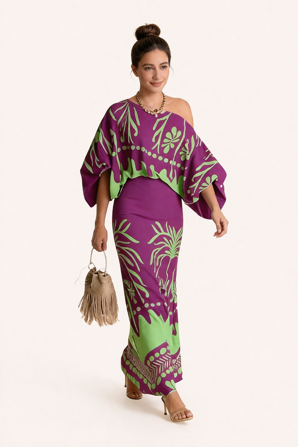 Fashionable women's printed blouse with a matching relaxed-fit maxi skirt for a chic summer two-piece outfit.