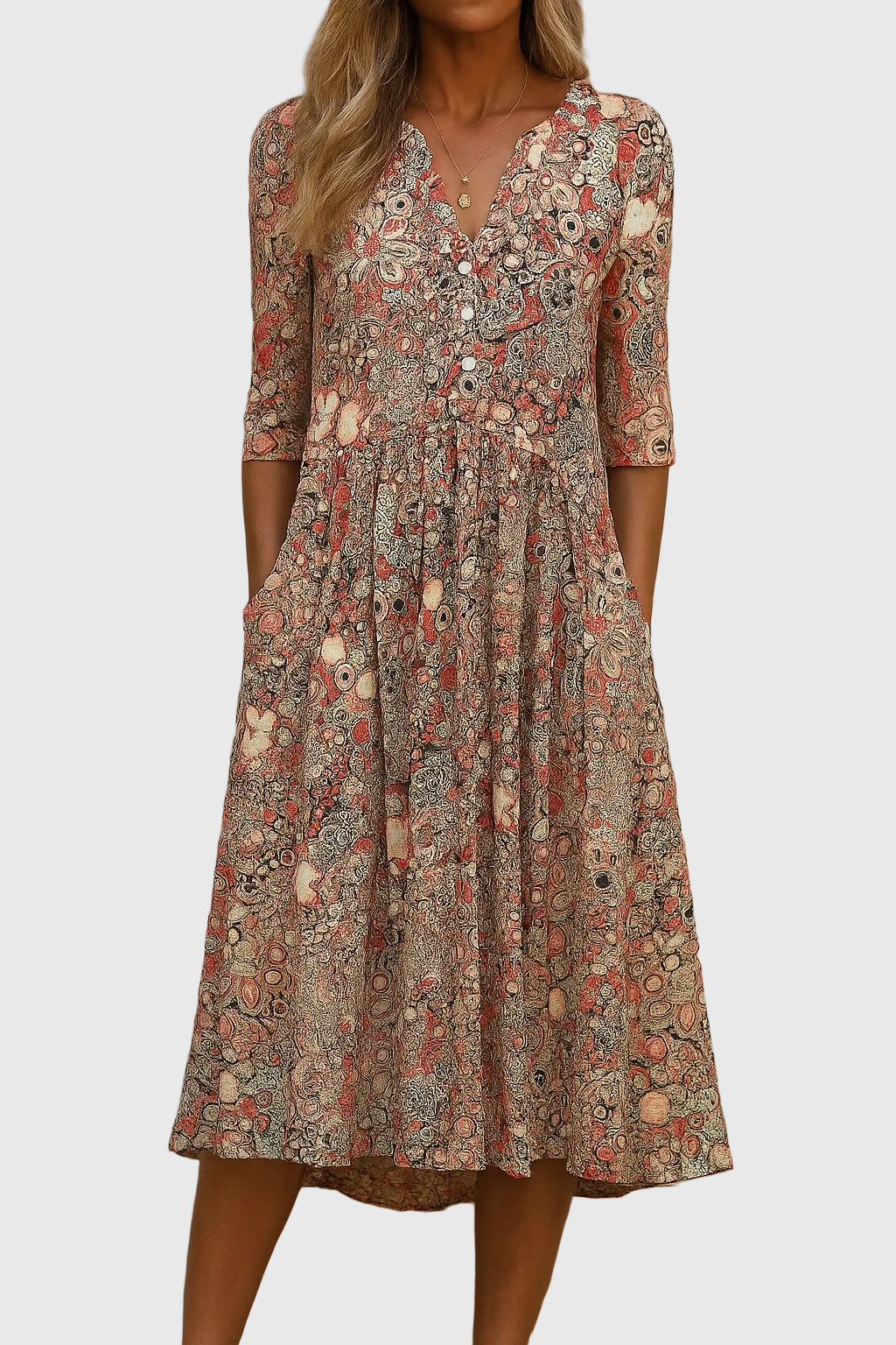 Women's flowy printed V-neck midi dress with three-quarter sleeves, perfect for casual elegant spring/summer wear.