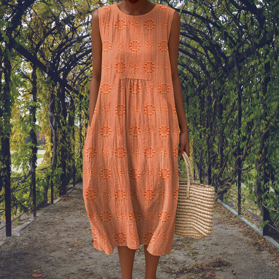 Casual women's flowy midi dress. Sleeveless design, perfect for summer, vacation, or everyday elegance.