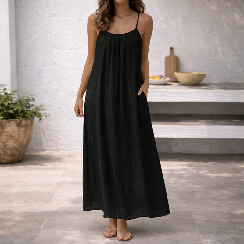Back view of a comfortable spaghetti strap maxi dress for women, flowy and ideal for summer.