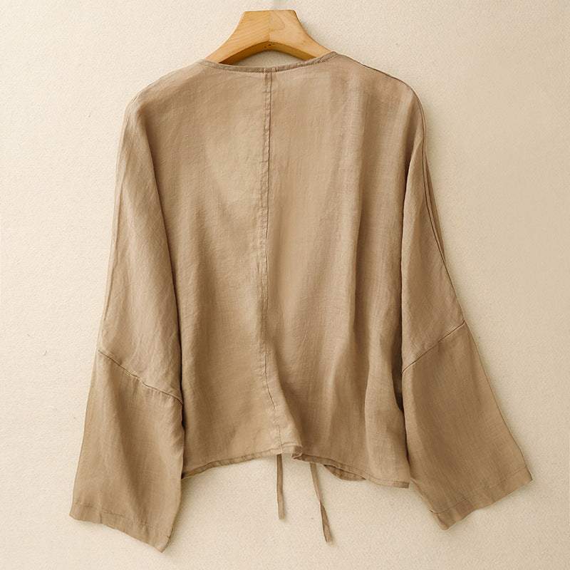 Casual chic khaki flowy tie-front cardigan for women, a lightweight & versatile long-sleeve layering piece.