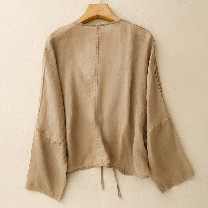 Casual chic khaki flowy tie-front cardigan for women, a lightweight & versatile long-sleeve layering piece.