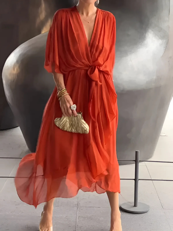 Elegant V-neck long maxi dress for women, featuring a flowy silhouette & belt, great for summer parties.