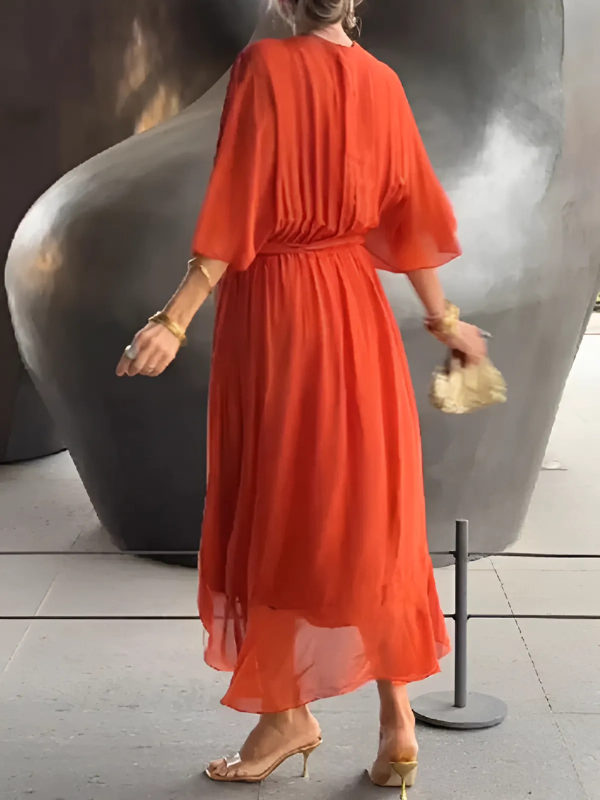 Chic belted V-neck maxi dress for women, offering an effortless flowy style for spring and summer.