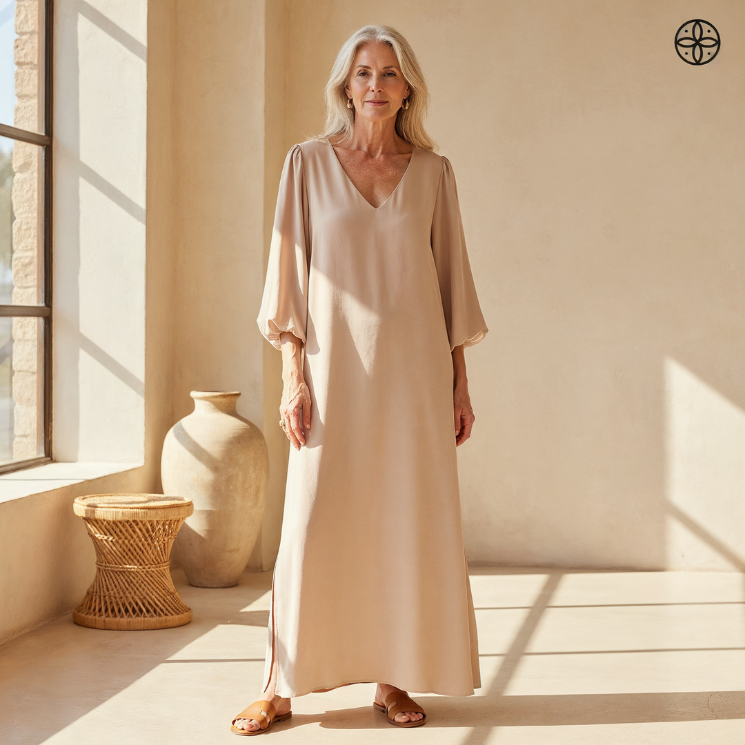 Women's flowy V-neck maxi dress with balloon sleeves, comfortable for casual summer or spring fashion.