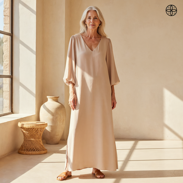 Women's flowy V-neck maxi dress with balloon sleeves, comfortable for casual summer or spring fashion.