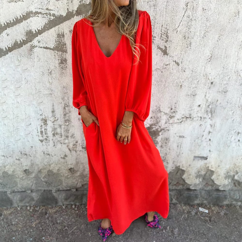 Elegant women's V-neck maxi dress, flowy with balloon sleeves, perfect for summer, spring, or boho casual wear.
