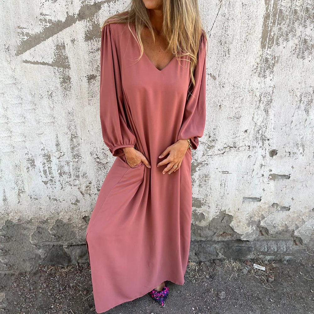 Women's V-neck maxi dress, a flowy summer favorite with chic balloon sleeves and a relaxed, elegant feel.