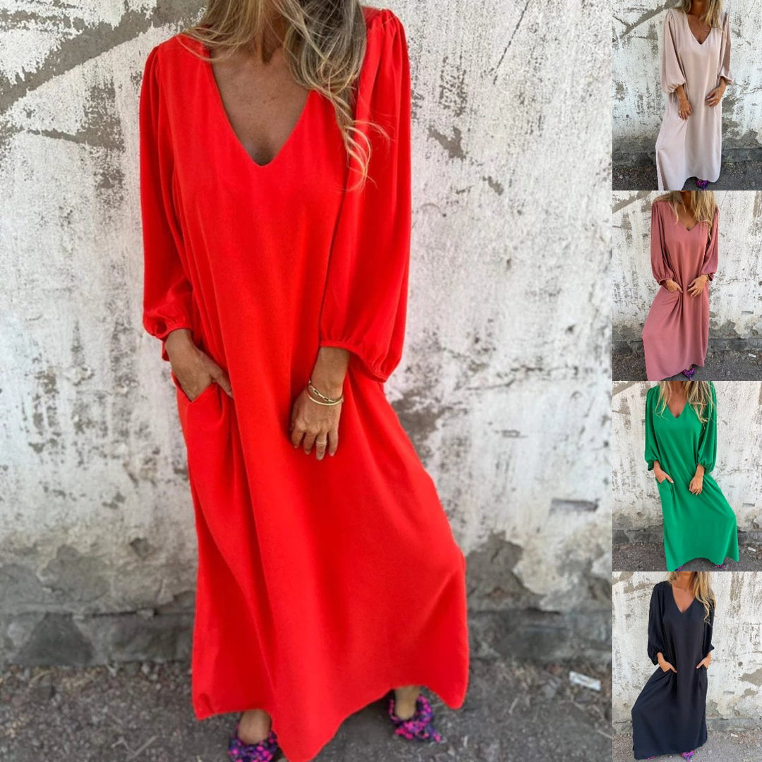 Women's long flowy V-neck dress with elegant balloon sleeves, a comfortable spring and summer maxi dress.