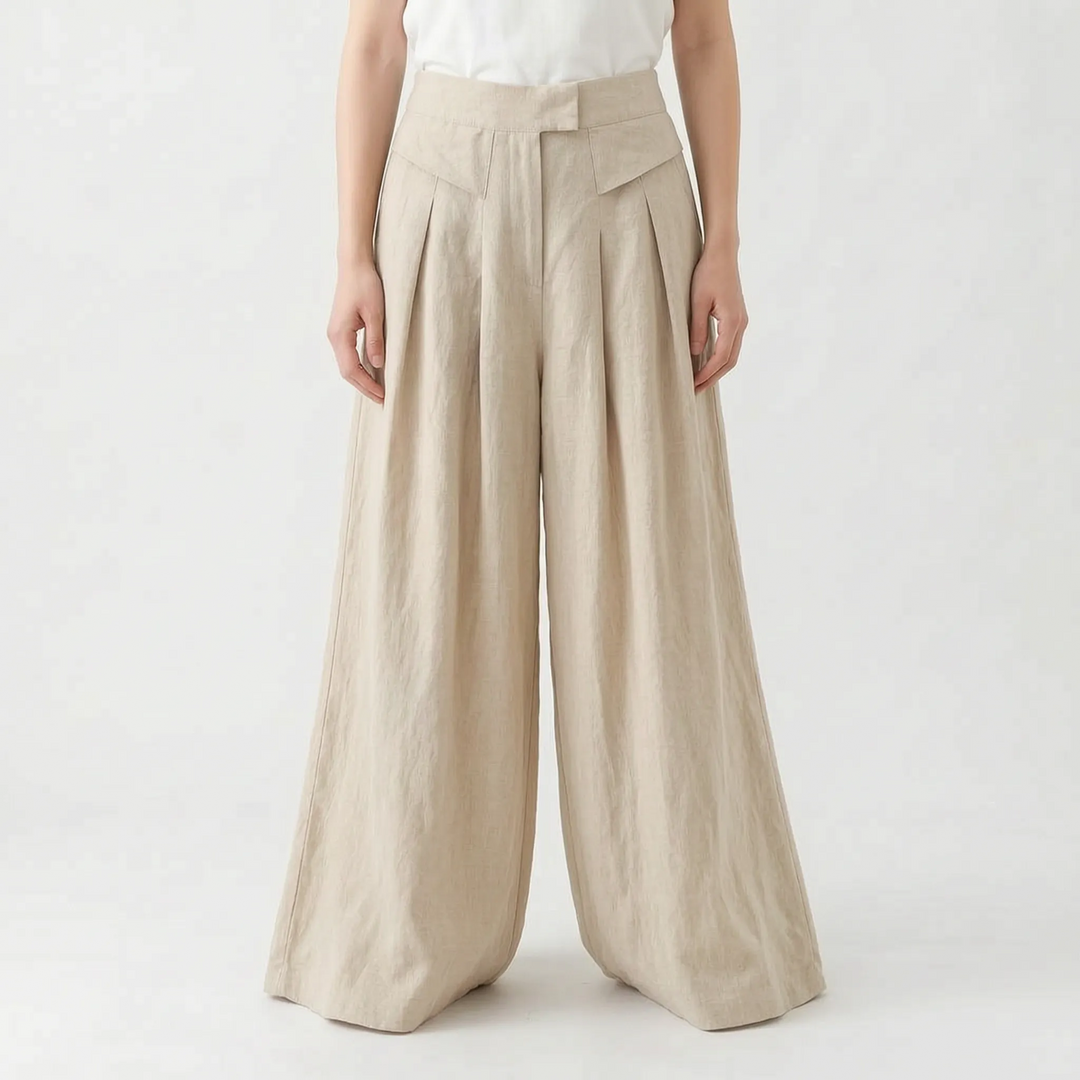 Elegant front view of women's relaxed fit wide leg pants, featuring a high-rise and flattering silhouette.