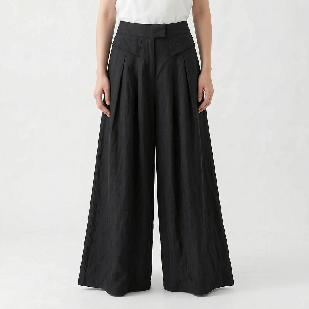 Texture close-up of women's stylish wide leg summer pants, highlighting the breathable, relaxed fabric.