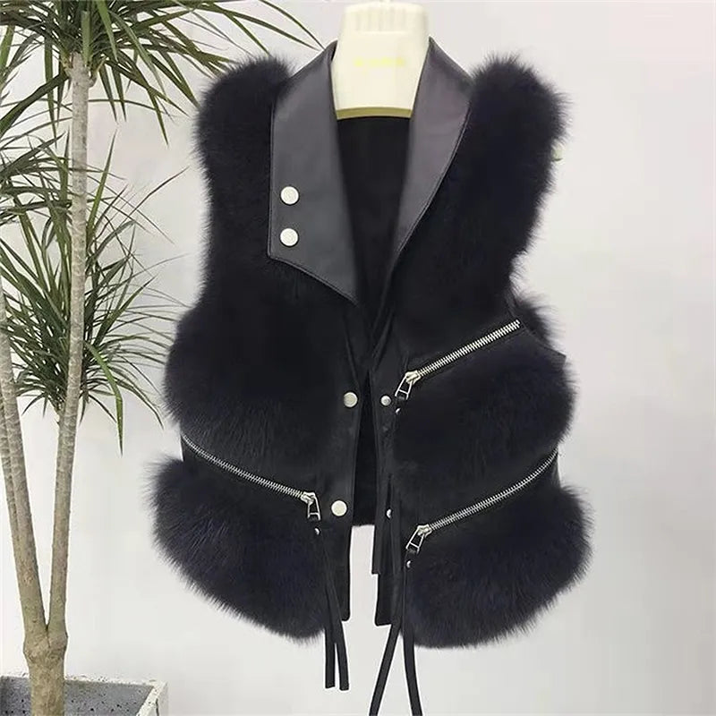 Cozy women's fluffy vest for winter chic. A versatile sleeveless jacket for trendy layering and warmth.