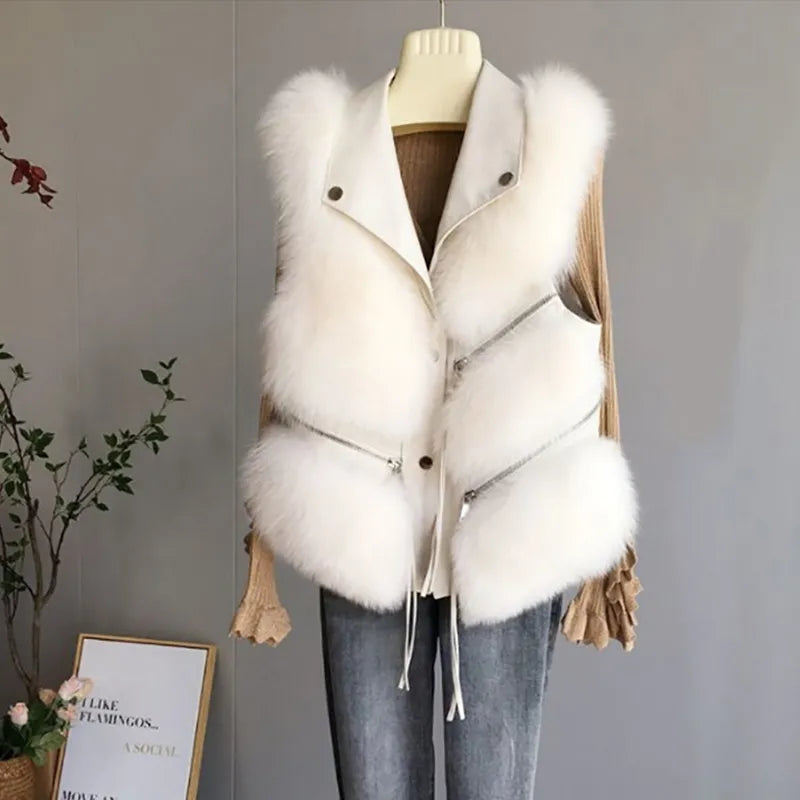 Trendy women's fluffy vest, an elegant & cozy outerwear piece for stylish layering and transitional wear.