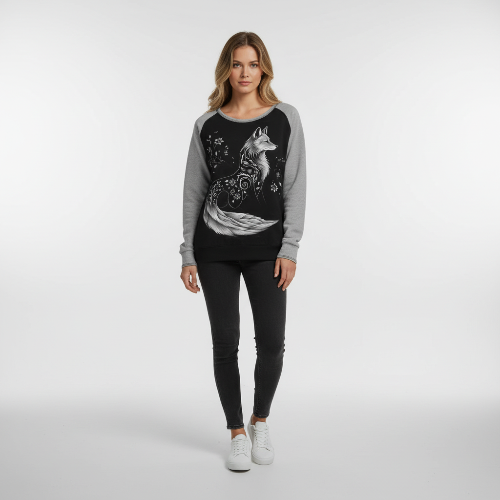 Women's fox print long sleeve sweatshirt, cozy casual top for autumn/winter