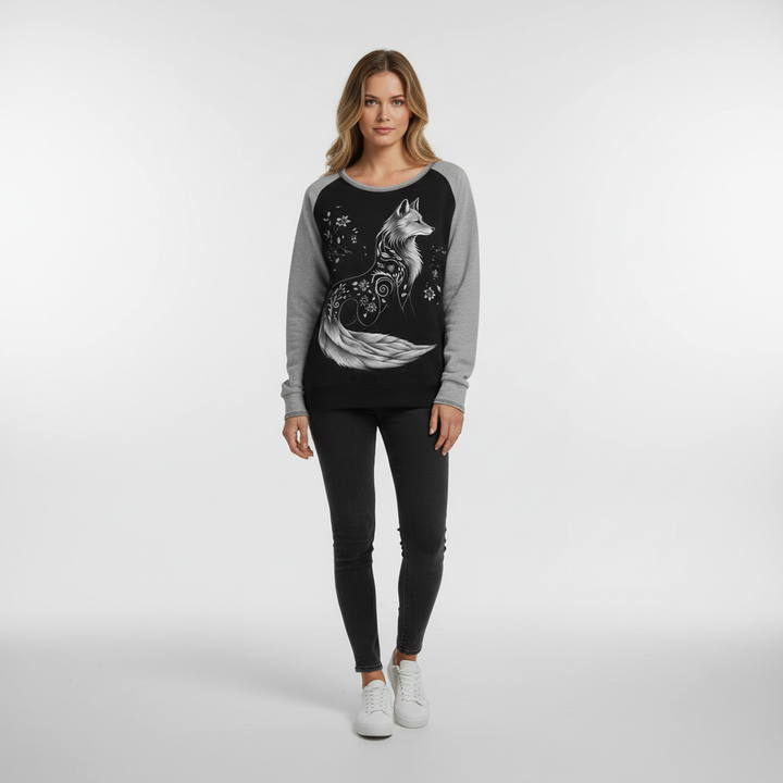 Women's fox print long sleeve sweatshirt, cozy casual top for autumn/winter